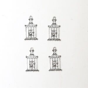 Set of 4 silver toned bird cage pendants charm jewellery crafting metal oxidized
